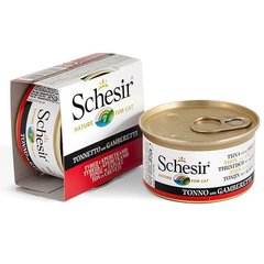 Schesir Tuna Prawns - Влажный корм натуральные консервы для котов тунец с креветками, в желе, 85 г