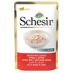 Schesir Chicken Seabass - Влажный корм натуральные консервы для котов куриное филе с морским окунем в желе, пауч, 85 г