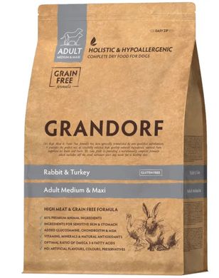 Grandorf Dog Rabbit & Turkey Adult Medium & Maxi Breeds - Грандорф сухий комплексний корм для дорослих собак середніх та великих порід з кроликом та індичкою 1 кг + MAVSY - Гіпоалергенна плетінка зі шкіри дикого лосося для собак, 100 г
