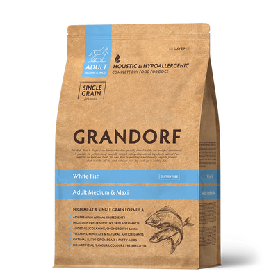 Grandorf Dog White Fish Adult Medium & Maxi Breeds - Грандорф Сухий комплексний корм для дорослих собак середніх та великих порід з рибою, 1 кг (2 шт) + Poo Bags одноразові пакетики без запаху 120 шт