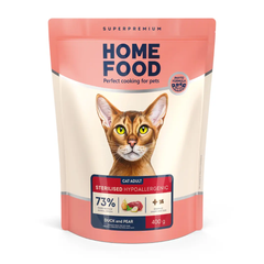 Home Food Cat Grain-free hypoallergenic. Suitable for exotic breeds - Беззерновой гипоаллергенный корм для взрослых стерилизованных и кастрированных кошек, с уткой и грушей, 400 г