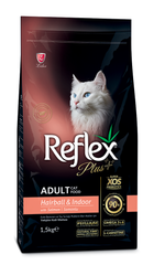 Reflex Plus - Полноценный и сбалансированный сухой корм для кошек, живущих в помещении с выводом шерсти с лососем, 1,5 кг