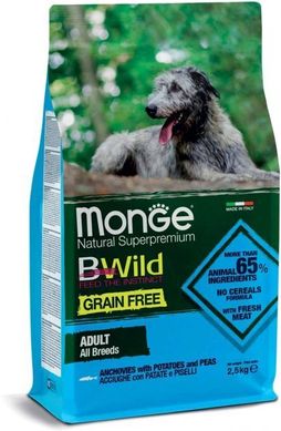 Monge BWild Grain Free Anchovies Adult All Breeds - Беззерновий корм з анчоусом для дорослих собак різних порід, 2,5 кг
