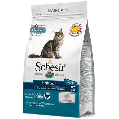 Schesir Cat Hairball - Сухой монопротеиновый корм для котов с длинной шерстью, курица, 400 г