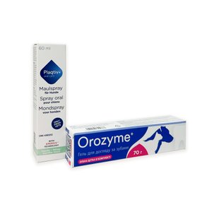 Гель для собак і котів Orozyme для боротьби з проблемами зубів та ясен, 70 г + Спрей для догляду за ротовою порожниною собак Plaqtiv+ Oral Care Oral Spray, 60 мл