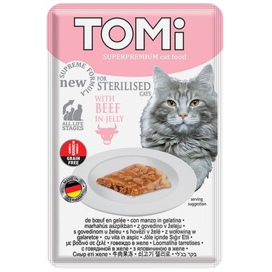 TOMi Sterilised Beef in Jelly ТОМИ СТЕРИЛАЙЗИД ГОВЯДИНА В ЖЕЛЕ консервы для стерилизованных котов, влажный корм, пауч 85г (0.085кг)