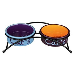 Trixie TX-24791Стояк (металл) с двумя мисками (керамика) для кошек 0,3л / 12см, голубой / оранж / фиолет
