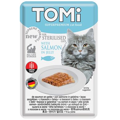 TOMi Sterilised Salmon in Jelly ТОМИ СТЕРИЛАЙЗИД ЛОСОСЬ В ЖЕЛЕ консервы для стерилизованных котов, влажный корм, пауч 85г (0.085кг)