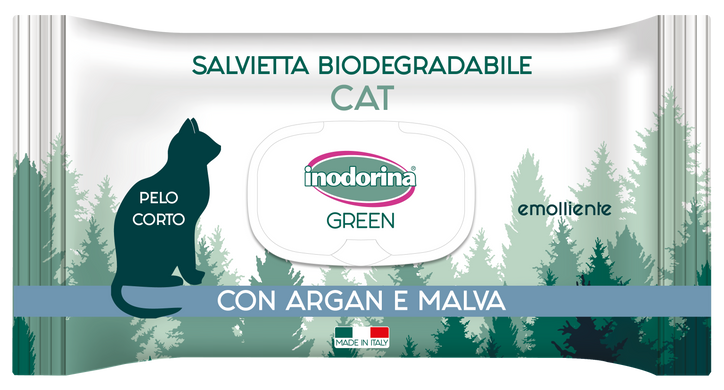 Inodorina Green Emolliente con argan e malva біорозкладні вологі серветки для короткошерстних котів з мальвою та аргановим маслом 30 шт