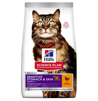 Hill's SP Feline Adult Sensitive Stomach & Skin - Сухой корм для взрослых кошек с чувствительным пищеварением и кожей, с курицей, 300 г