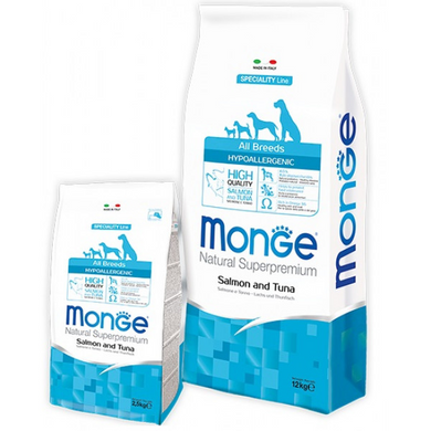 Monge Dog All Breeds Hypoallergenic - Гіпоалергенний сухий корм з лососем та тунцем для дорослих собак всіх порід, 2,5 кг