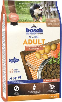 Bosch Adult with Fresh Salmon and Potato - Корм с лососем и картофелем для взрослых собак всех пород, 15 кг