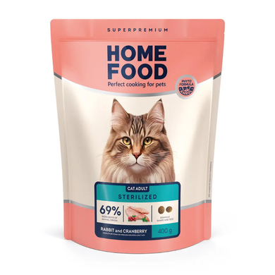 Home Food Cat Adult For Sterilised & Neutered - Сухий корм для стерилізованих та кастрованих дорослих котів, з кролик та журавлиною, 400 г