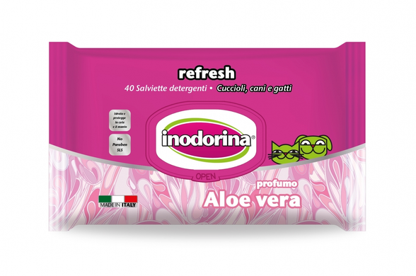 Влажные салфетки для всех типов шерсти кошек, собак и кроликов Inodorina Everyday Aloe Vera с ароматом алоэ вера, 40 шт