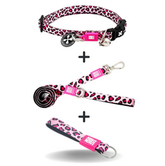 Smart ID Cat Collar Leopard Pink/1 size + Short Leash Leopard Pink/XS + Key Ring Leopard Pink/Tag