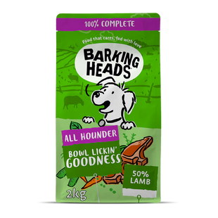 Сухий корм для дорослих собак з ягням Barking Heads LAMB ALL HOUNDER BOWL LICKIN' GOODNESS, 2 кг + Вологий корм для дорослих собак Barking Heads Chop Lickin' LAMB з ягням, 300 г у подарунок