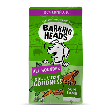 Сухий корм для дорослих собак з ягням Barking Heads LAMB ALL HOUNDER BOWL LICKIN' GOODNESS, 2 кг + Вологий корм для дорослих собак Barking Heads Chop Lickin' LAMB з ягням, 300 г у подарунок