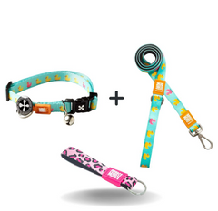 Smart ID Cat Collar - Ducklings/1 size + Short Leash Ducklings/XS + Key Ring Leopard Pink/Tag