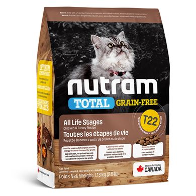 Nutram T22 Total Grain-Free Turkey&Chiken Cat Food - Сухой корм для взрослых котов, с курицей и индейкой, 1,13 кг