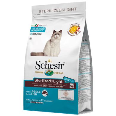 Schesir Cat Sterilized & Light - Сухий монопротеїновий корм для стерилізованих кішок та кастрованих котів, для котів схильних до повноти, риба, 1,5 кг