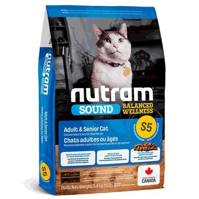 Nutram S5 Sound Balanced Wellness Natural Adult & Senior Cat Food - Сухой корм для взрослых котов с курицей и лососем, 20 кг
