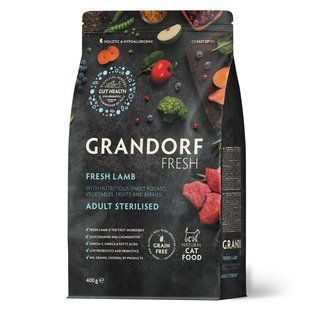 Grandorf Сухий беззерновий корм для стерилізованих котів Grandorf FRESH LAMB & SWEET POTATO ADULT CAT STERILISED ягня з бататом, 400 г