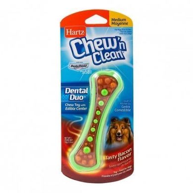 Hartz Chew n Clean Dental Duo - Игрушка для собак кость для очищения зубов с лакомством и ароматом бекона, 20 см