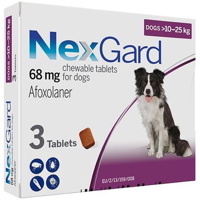 NexGard НЕКСГАРД таблетка від бліх та кліщів для собак 10-25кг (10-25 кг, 3 шт./пак. (ціна за 1 таблетку))