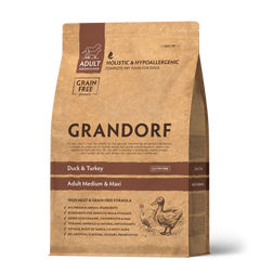 Grandorf Duck & Turkey Adult Medium & Maxi Breeds - Грандорф сухий комплексний беззерновий корм для дорослих собак середніх та великих порід, з качкою та індичкою, 1 кг + MAVSY - Гіпоалергенна плетінка зі шкіри дикого лосося для собак, 100 г