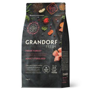 Grandorf Сухой беззерновой корм для стерилизованных кошек Grandorf FRESH TURKEY & SWEET POTATO ADULT CAT STERILISED индейка с бататом, 2 кг
