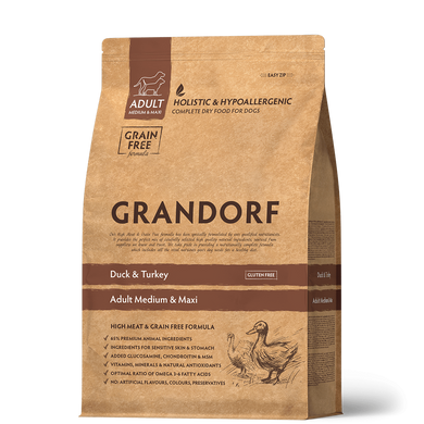 Grandorf Duck & Turkey Adult Medium & Maxi Breeds - Грандорф сухий комплексний беззерновий корм для дорослих собак середніх та великих порід, з качкою та індичкою, 1 кг + MAVSY Сендвич утка с трескою для собак, 100 г