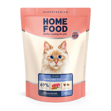 Home Food Cat For Sterilised & Neutered with Sensitive Digestion - Сухий корм для стерилізованих та кастрованих дорослих котів з чутливим травленням, з ягням та лососем, 400 г
