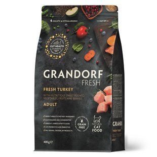 Grandorf Сухий беззерновий корм для дорослих котів Grandorf FRESH TURKEY & SWEET POTATO ADULT CAT індичка з бататом, 400 г