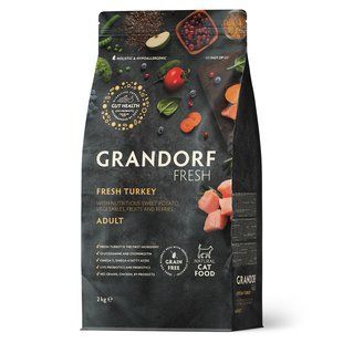 Grandorf Сухий беззерновий корм для дорослих котів Grandorf FRESH TURKEY & SWEET POTATO ADULT CAT індичка з бататом, 2 кг