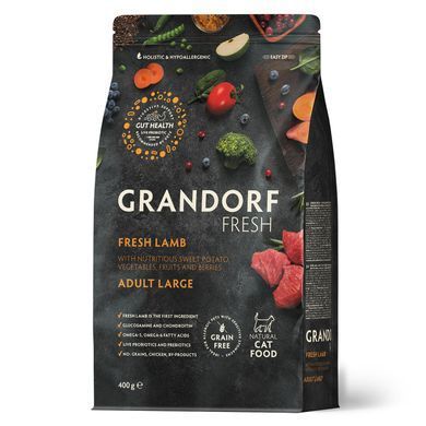 Grandorf Сухий беззерновий корм для дорослих котів великих порід Grandorf FRESH LAMB & SWEET POTATO ADULT LARGE CAT з ягням та бататом, 400 г, термін придатності до 27.05.2026