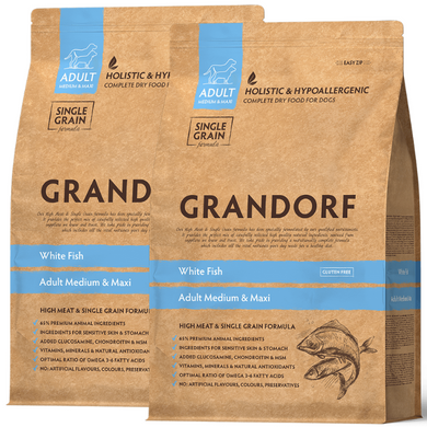 Grandorf Dog Adult Medium & Maxi White Fish - Грандорф Cухий комплексний корм для дорослих собак усіх порід від 1 року, 1 кг (2 ШТ) + Poo Bags одноразові пакетики без запаху 120 шт