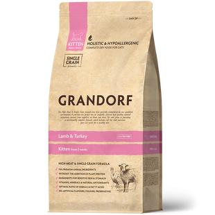Сухой корм для котят Grandorf LAMB & TURKEY KITTEN ягненок с индейкой для котят возрастом от 3 недель, беременных и кормящих кошек, 3 уп по 2 кг