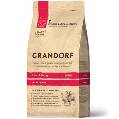 Сухой корм для взрослых кошек Grandorf LAMB & TURKEY ADULT INDOOR ягненок с индейкой, 2 кг + Влажный корм для кошек Grandorf CHICKEN FILLET & DUCK FILLET куриная грудка с утиным филе, 70 г в подарок