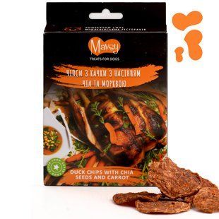 Ласощі для собак від 3-х місяців Mavsy Refined jerky DUCK CHIPS WITH CHIA SEEDS AND CARROTS чіпси з качки з насінням чіа та морквою, 50 г