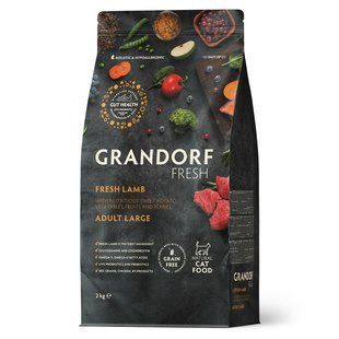 Grandorf Сухий беззерновий корм для дорослих котів великих порід Grandorf FRESH LAMB & SWEET POTATO ADULT LARGE CAT з ягням та бататом, 2 кг + 400 г у подарунок