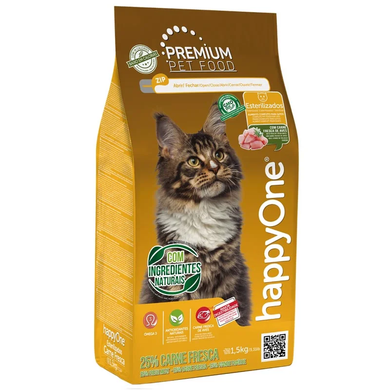 happyOne Premium Sterilized Cat Fresh Meat - Сухий корм для стерилізованих кішок зі свіжим м’ясом, 1,5 кг