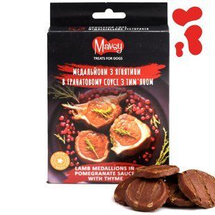Ласощі для собак від 3-х місяців Mavsy Refined jerky LAMB MEDALLIONS IN POMEGRANATE SAUCE WITH THYME медальйони з ягнятини в гранатовому соусі з тим&rsquo;яном, 100 г