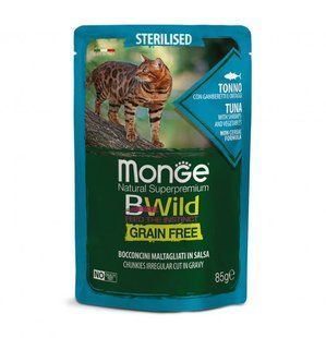Мonge Сat Вwild Grain Free wet Sterilised Tuna Shrimps Vegetables - Вологий корм для стерилізованих кішок та кастрованих котів тунець, креветки, овочі 85 г