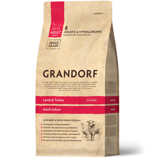 Сухой корм для взрослых кошек Grandorf LAMB & TURKEY ADULT INDOOR ягненок с индейкой, 2 кг + Лакомые хлопья для кошек Mavsy TUNA flakes & CATNIP с тунца и кошачьей мятой, 50 г в подарок