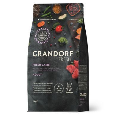 Grandorf Сухой беззерновой корм для взрослых кошек Grandorf FRESH LAMB & SWEET POTATO ADULT CAT ягненок с бататом, 2 кг + 400 г в подарок, срок годности до 23.05.2027